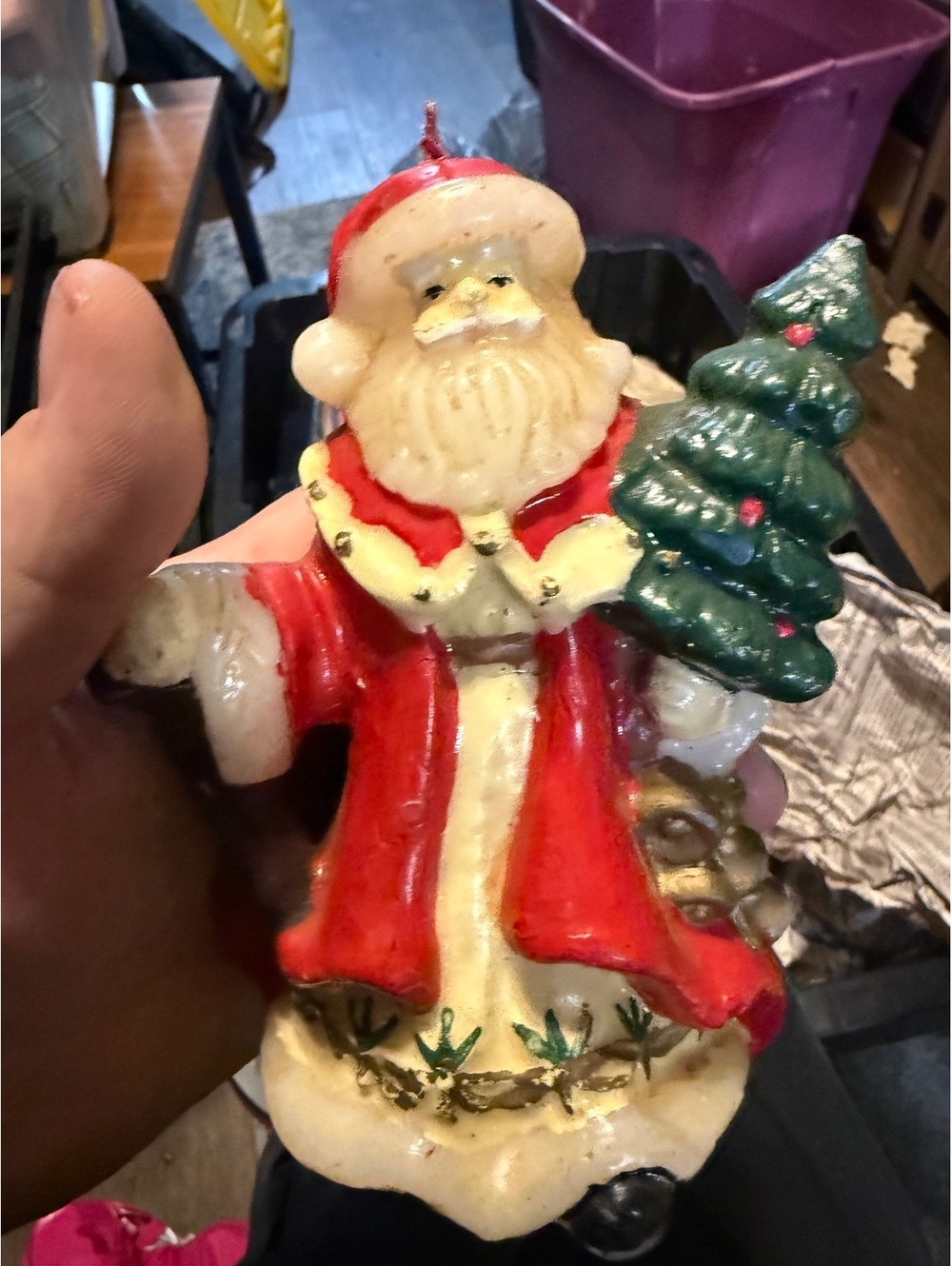 Vintage Santa Claus Christmas Candle Figurine Holding Tree